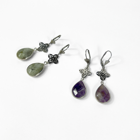 Art deco set gemstone earrings, Amethyst or Labradorite