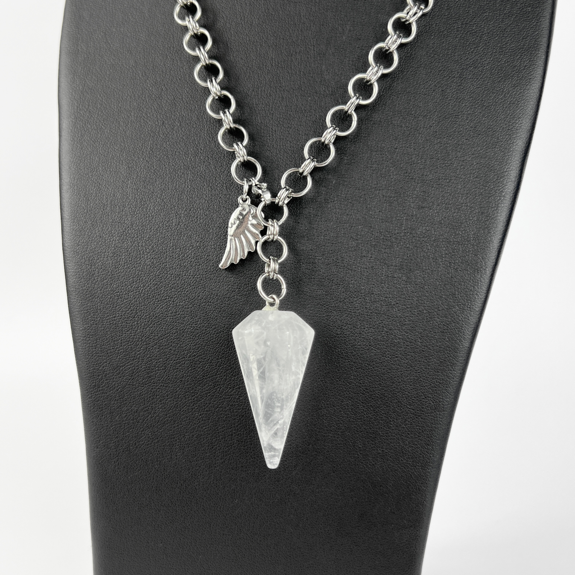 Quartz and wing divination pendulum necklace, adjustable chain Baguette Magick