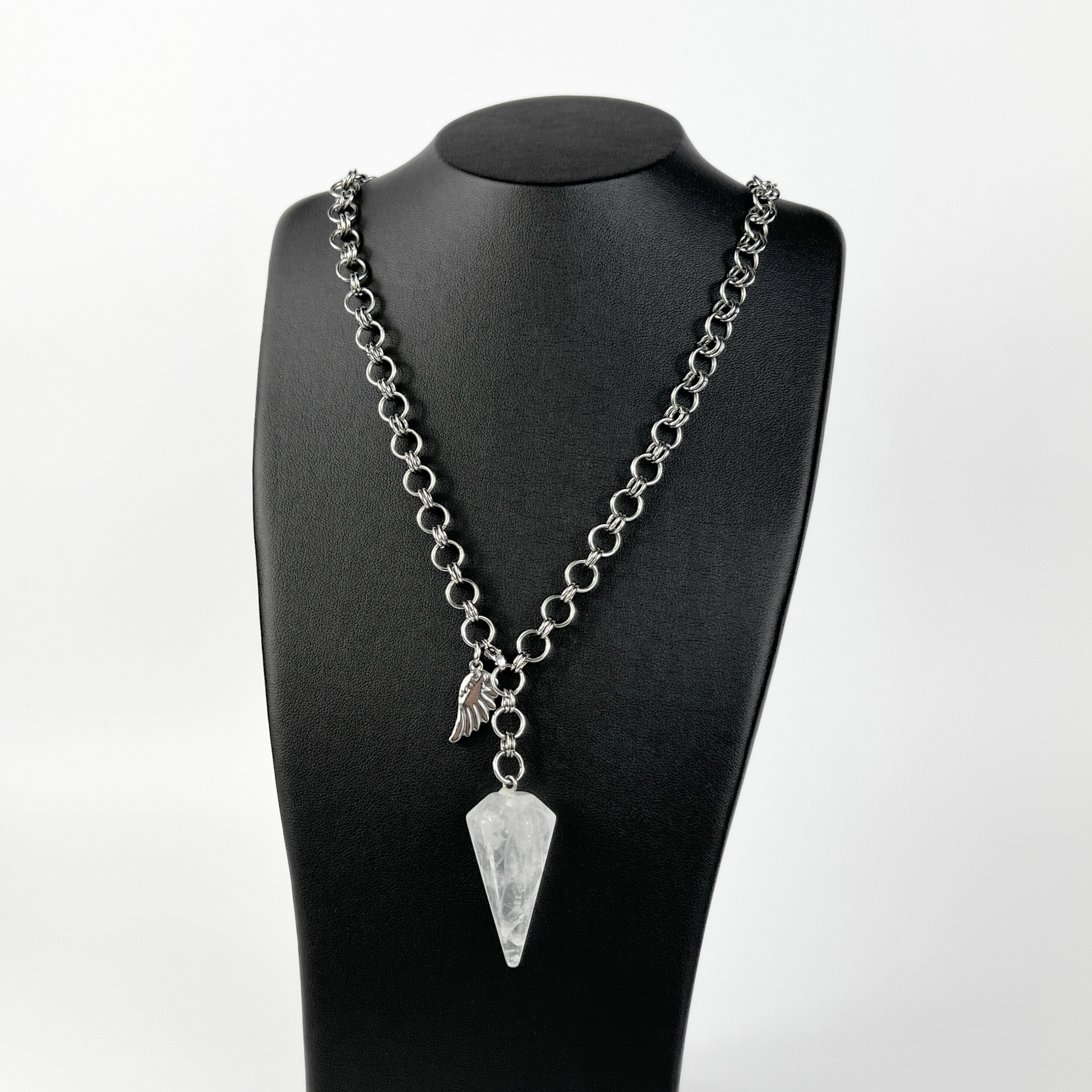 Quartz and wing divination pendulum necklace, adjustable chain Baguette Magick