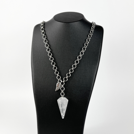 Quartz and wing divination pendulum necklace, adjustable chain Baguette Magick