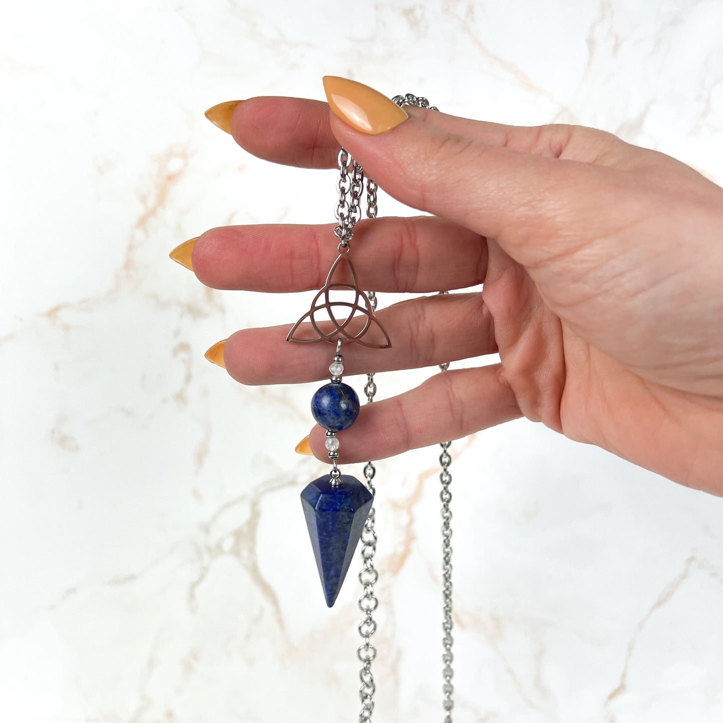Lapis lazuli, Moonstone and triquetra Celtic knot pendulum necklace, stainless steel Baguette Magick
