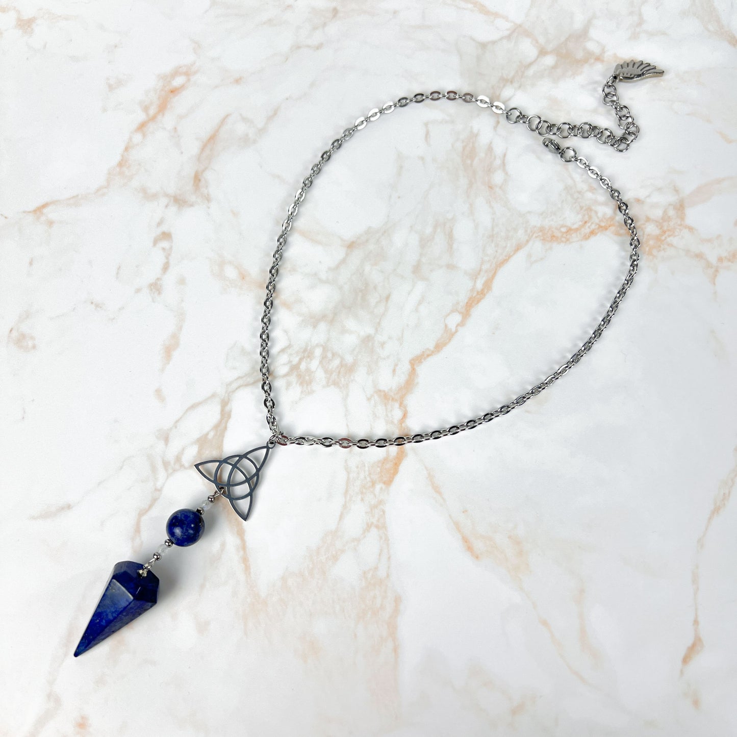 Lapis lazuli, Moonstone and triquetra Celtic knot pendulum necklace, stainless steel Baguette Magick