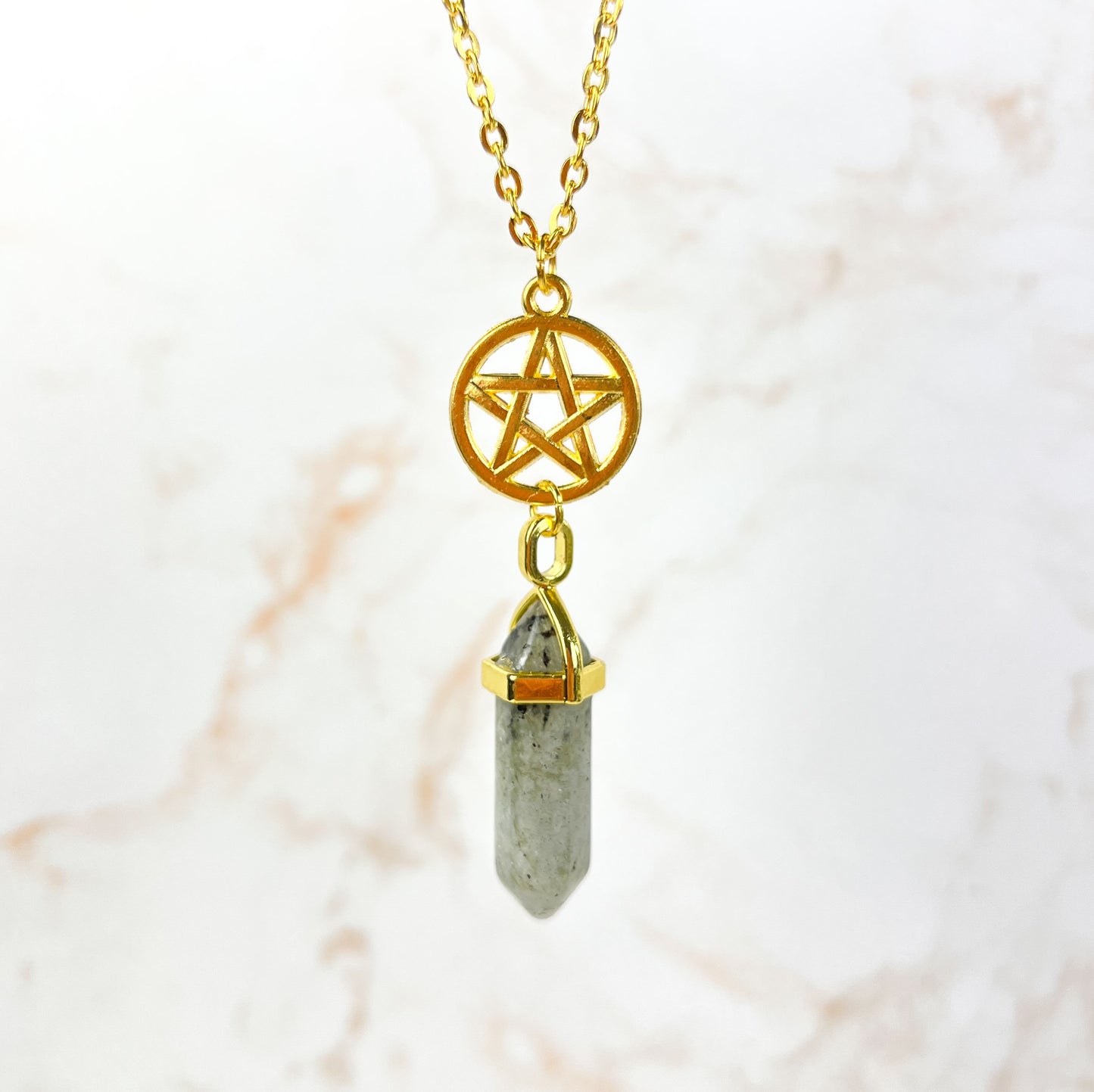 Golden labradorite and pentacle divination pendulum necklace Baguette Magick