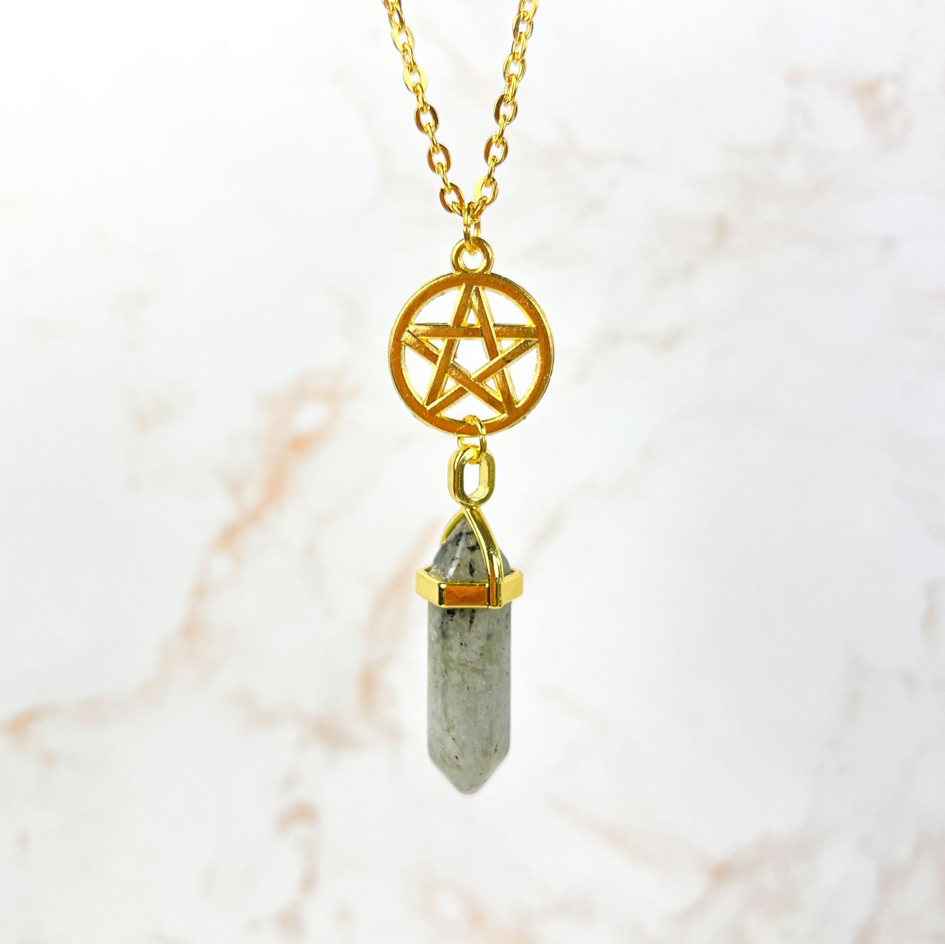 Golden labradorite and pentacle divination pendulum necklace Baguette Magick