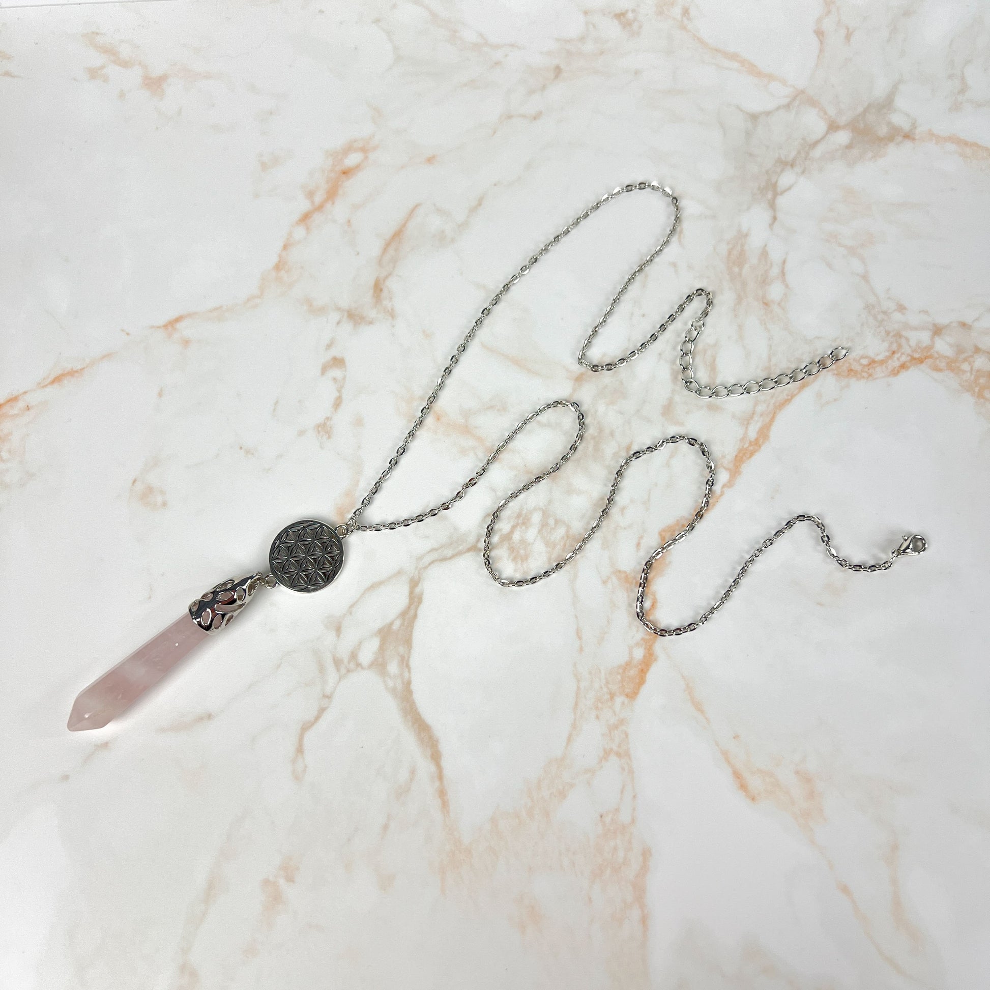 Rose quartz flower of life pendulum necklace Baguette Magick