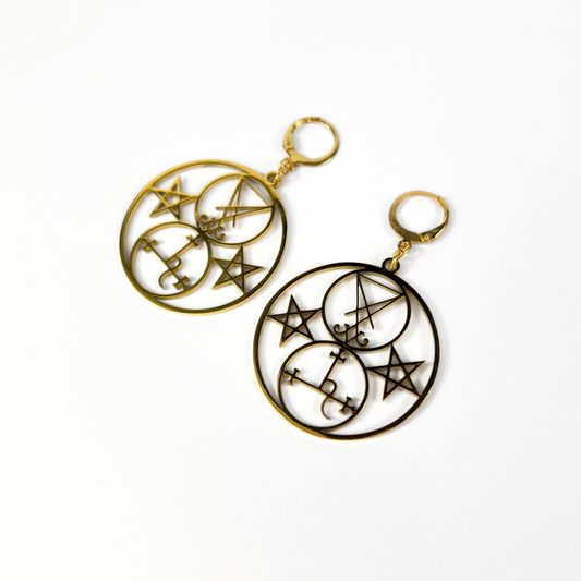 Golden Luciferian earrings, Lilith and Lucifer sigils, inverted pentacle