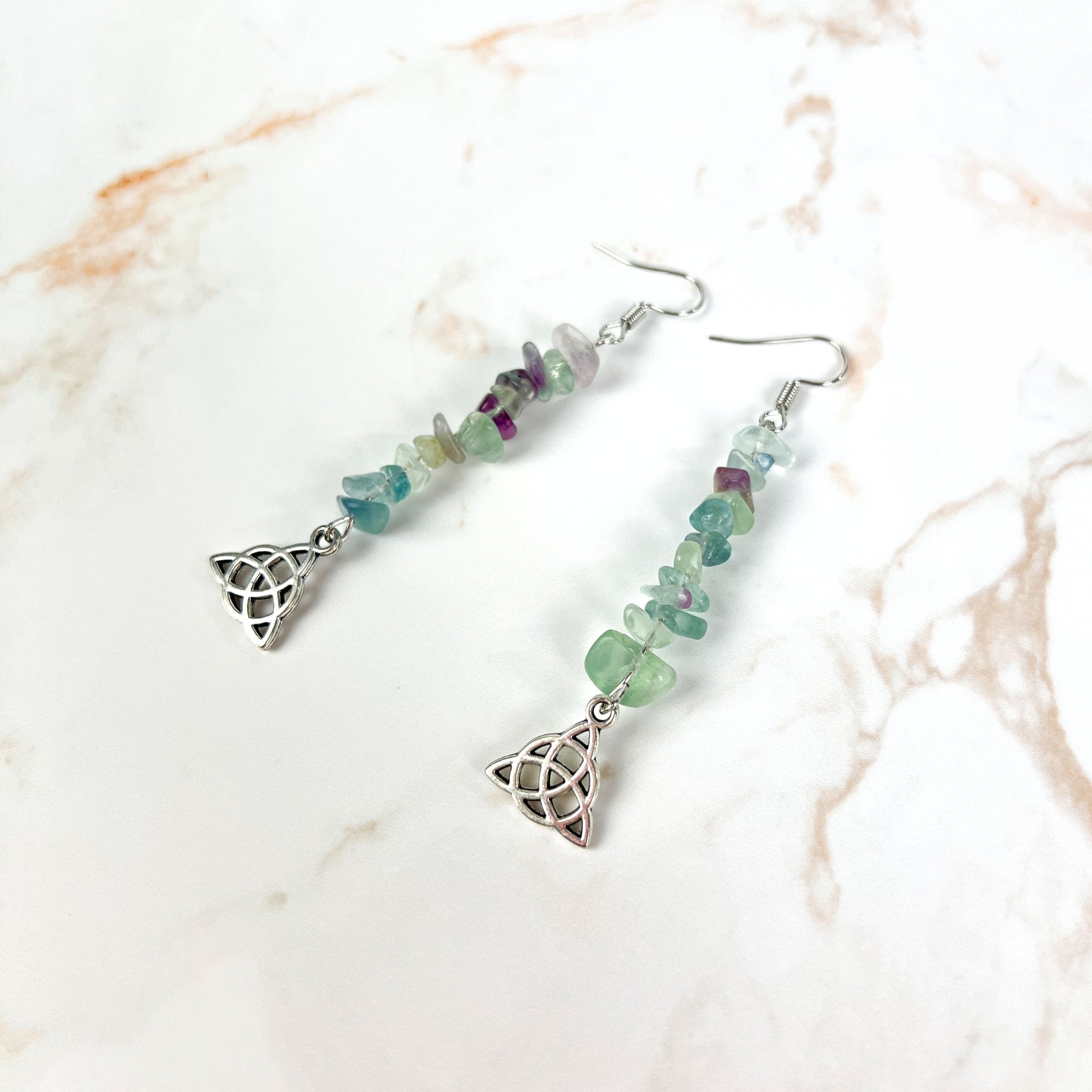 Triquetra and fluorite crystal Celtic earrings Baguette Magick