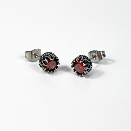 Red rhinestone and crown stud earrings