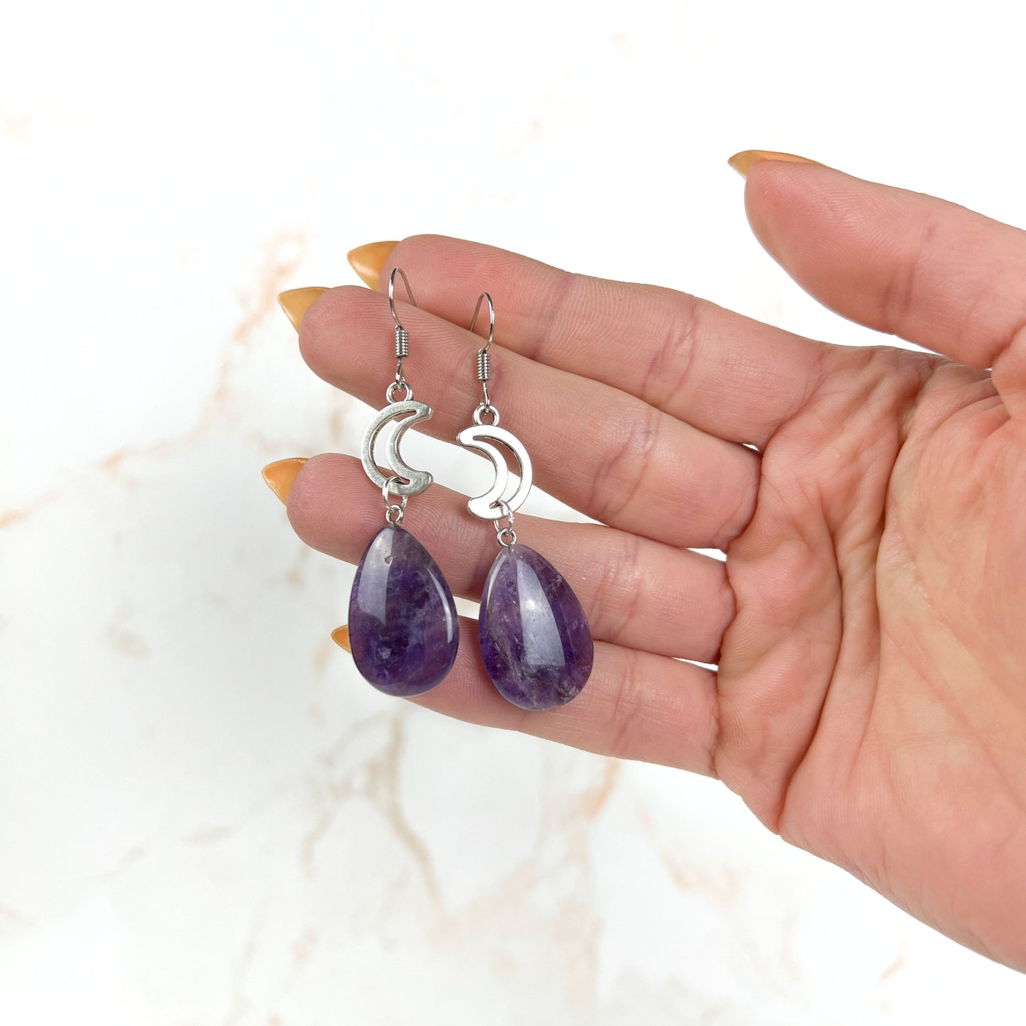 Amethyst and crescent moon witchy earrings Baguette Magick