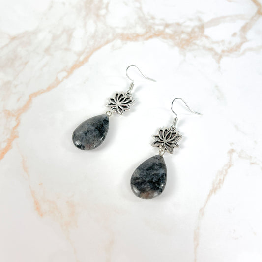 Larvikite and lotus spiritual teardrop earrings