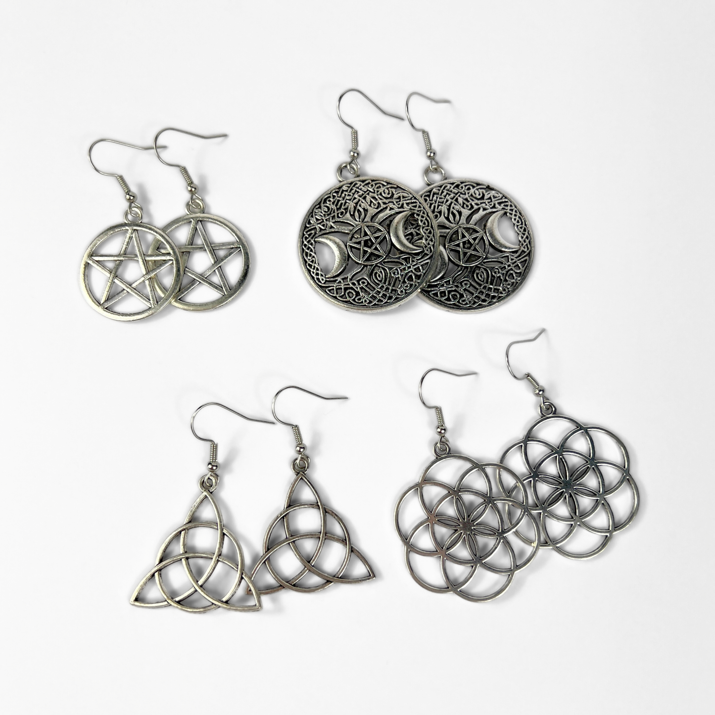 Spiritual earrings bundle: Triquetra, Pentacle, Triple Moon and Flower of life