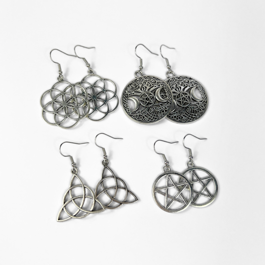 Spiritual earrings bundle: Triquetra, Pentacle, Triple Moon and Flower of life
