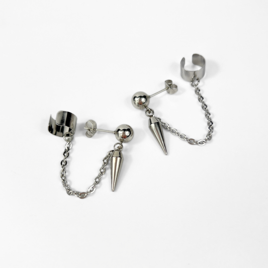 Spike, chain and cuff stud earring, mono or pair