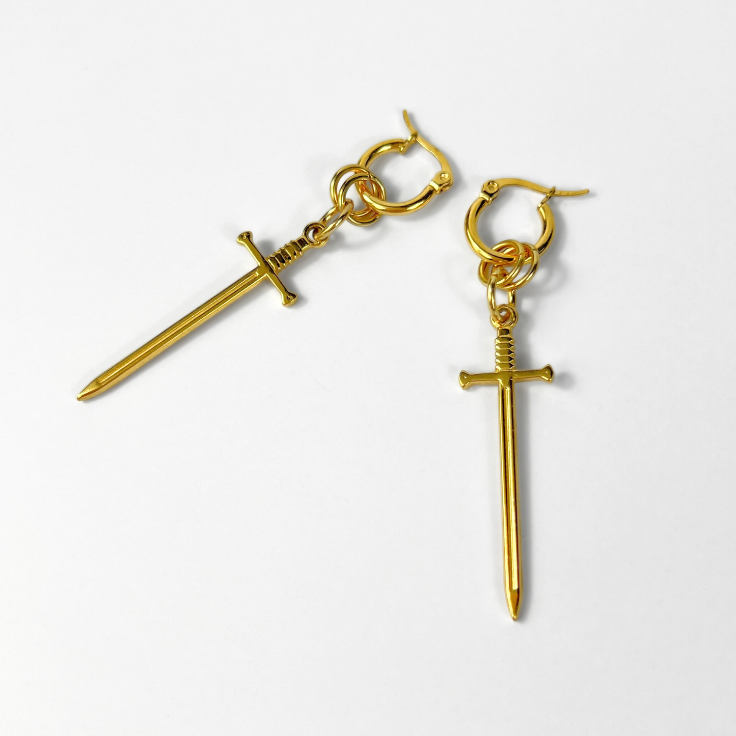 Gold hoop sword earrings, fantasy jewelry