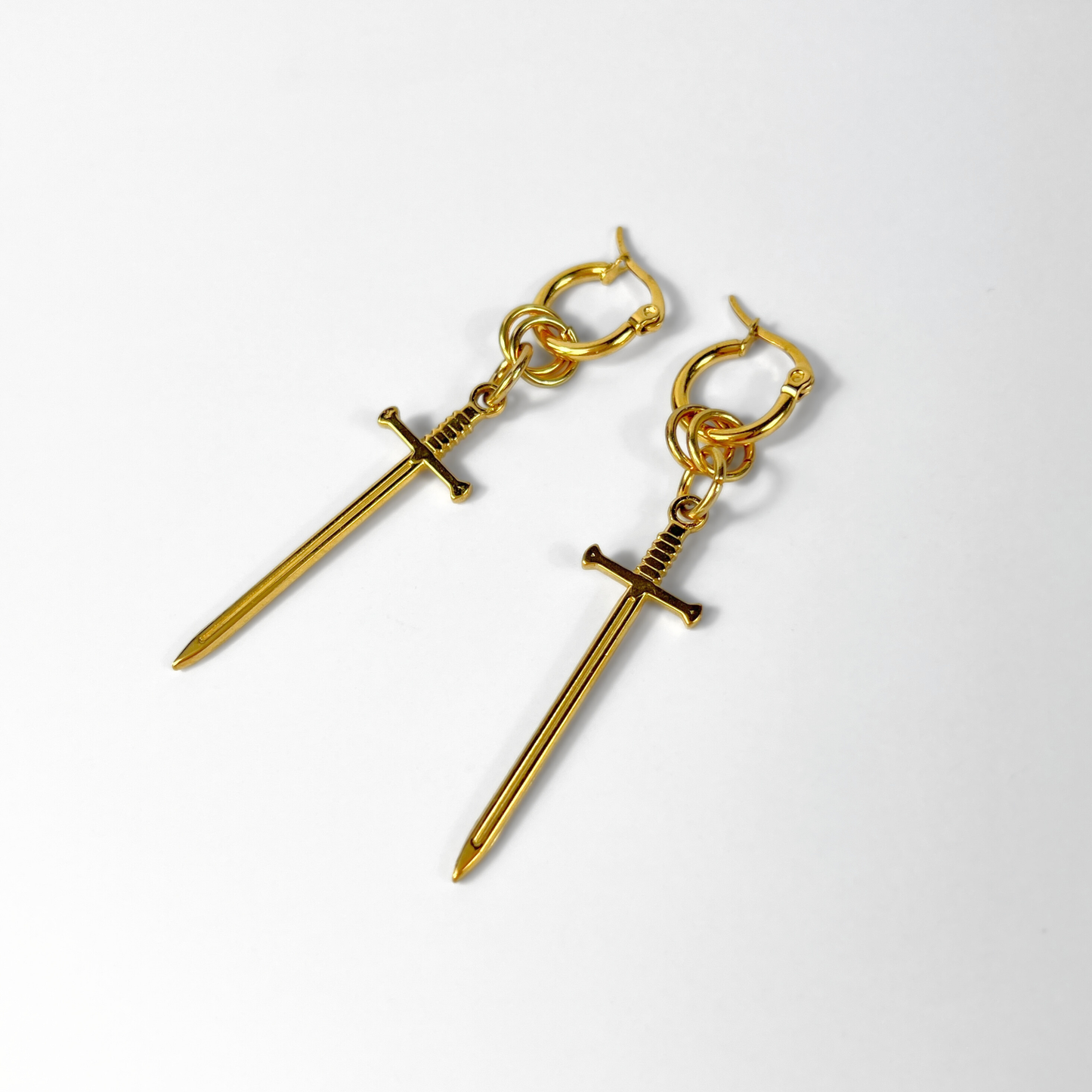 Gold hoop sword earrings, fantasy jewelry