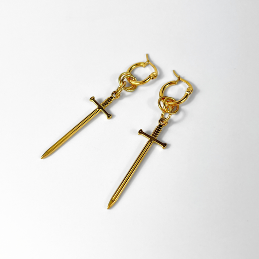 Gold hoop sword earrings, fantasy jewelry