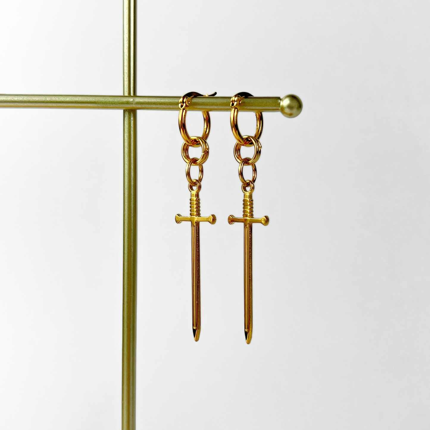 Gold hoop sword earrings, fantasy jewelry
