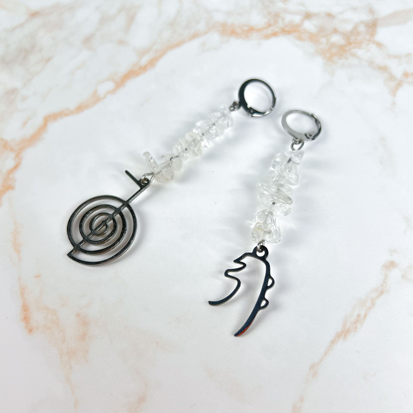 Reiki symbol earrings quartz and stainless steel Cho Ku Rei and Sei He Ki Baguette Magick