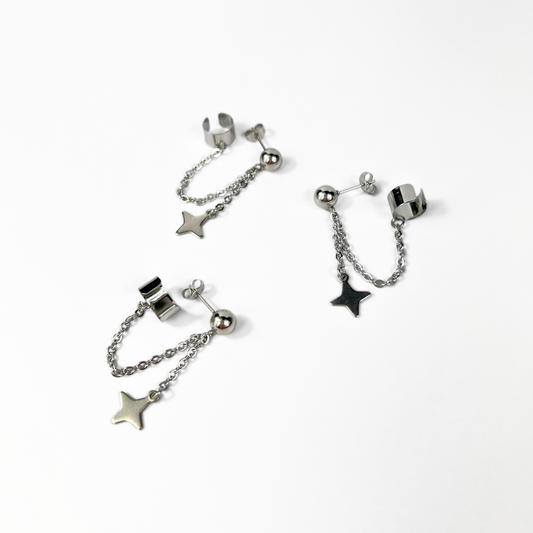Shuriken star, chain and cuff stud earring, mono or pair