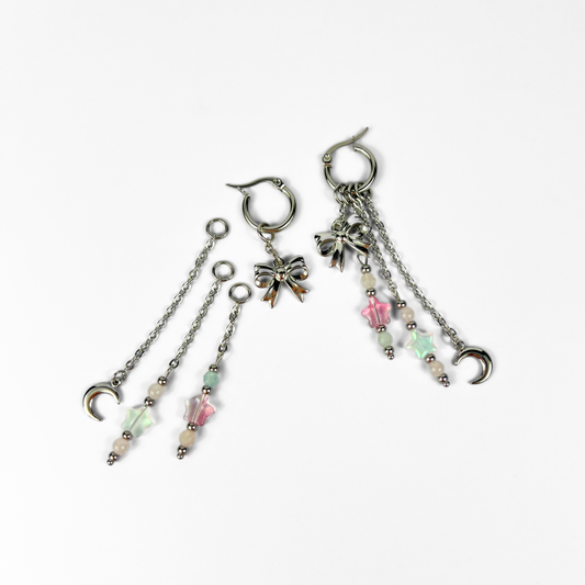 Mix & Match bow, moon and stars hoop earrings, morganite and rose quartz