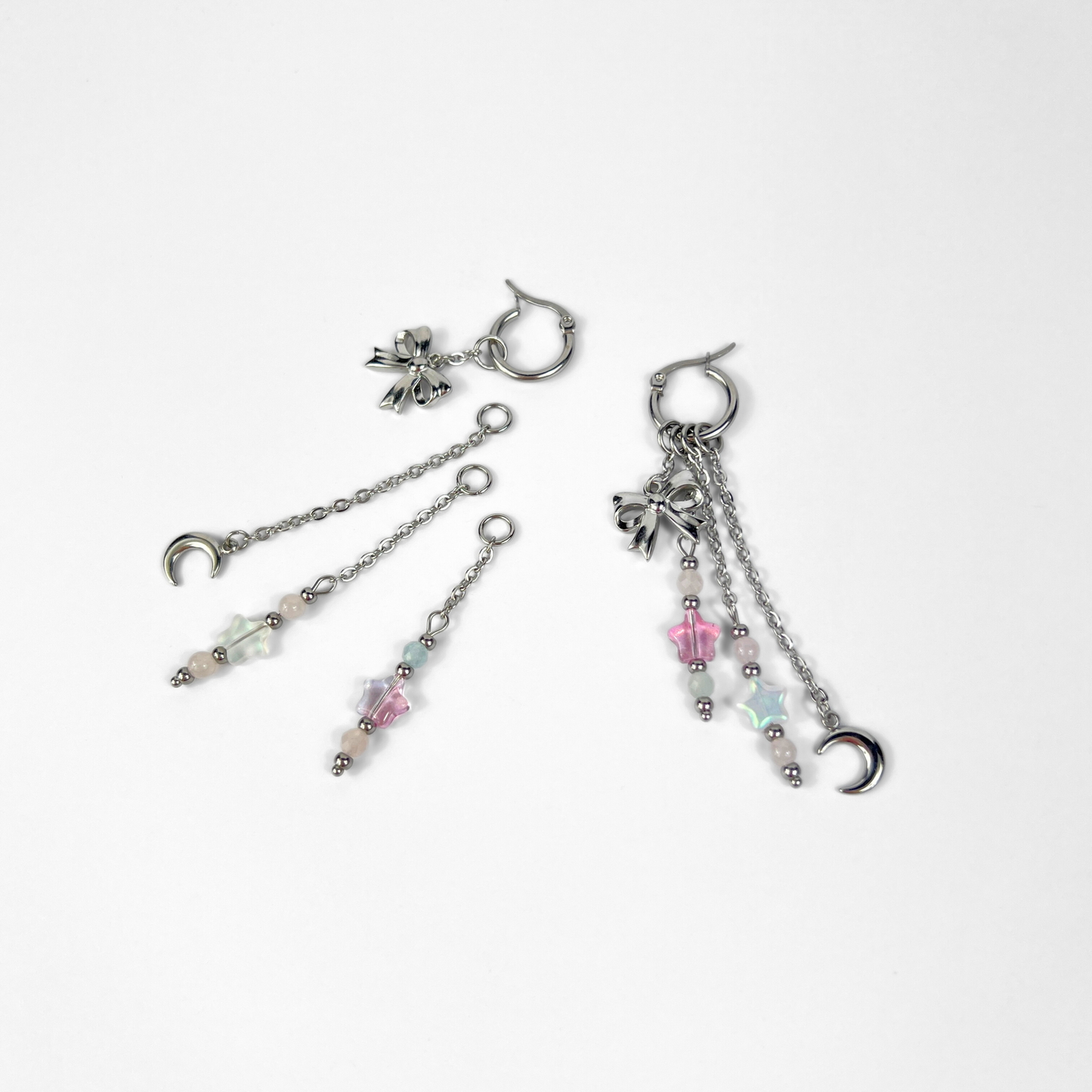 Mix & Match bow, moon and stars hoop earrings, morganite and rose quartz