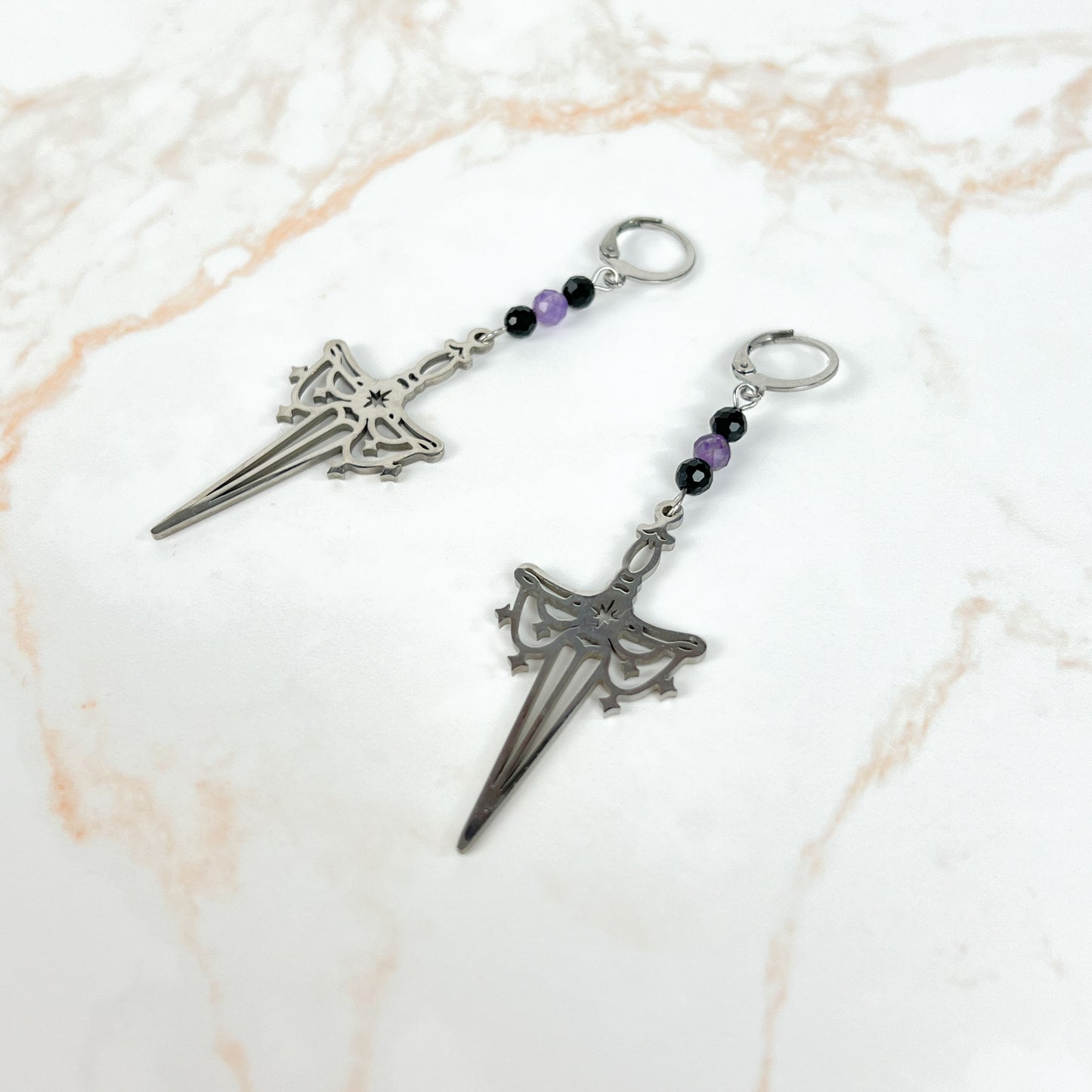 Gemstone sword earrings, stainless steel and faceted beads Baguette Magick