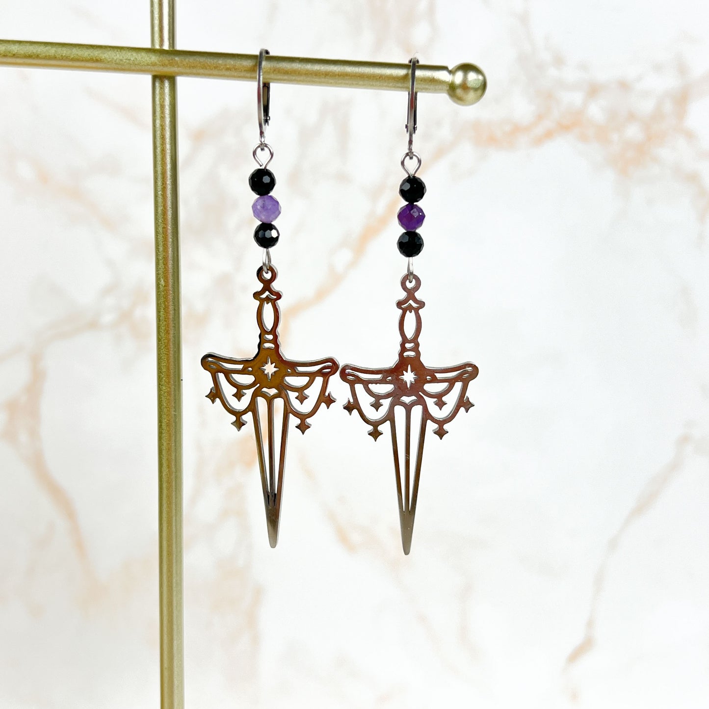 Gemstone sword earrings, stainless steel and faceted beads Baguette Magick