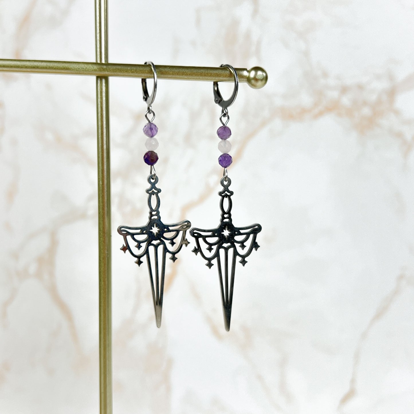 Gemstone sword earrings, stainless steel and faceted beads