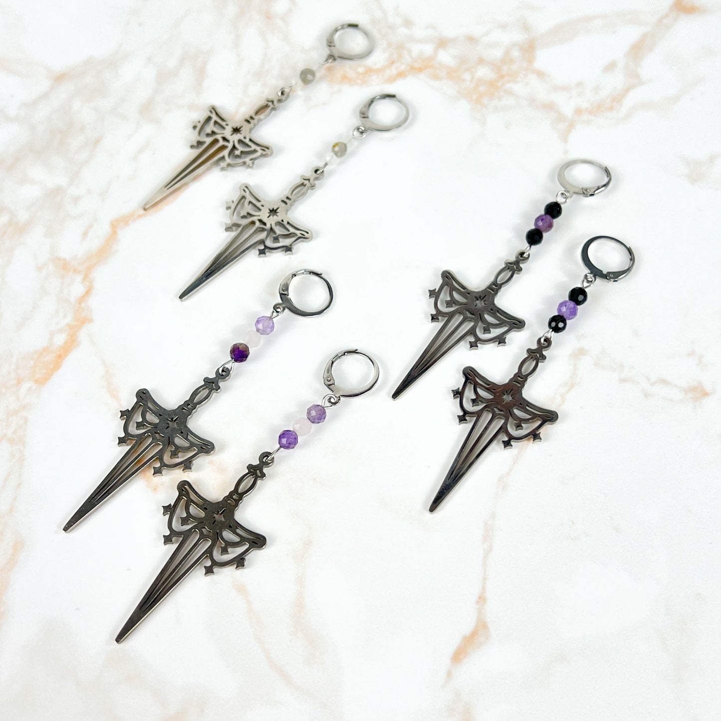 Gemstone sword earrings, stainless steel and faceted beads