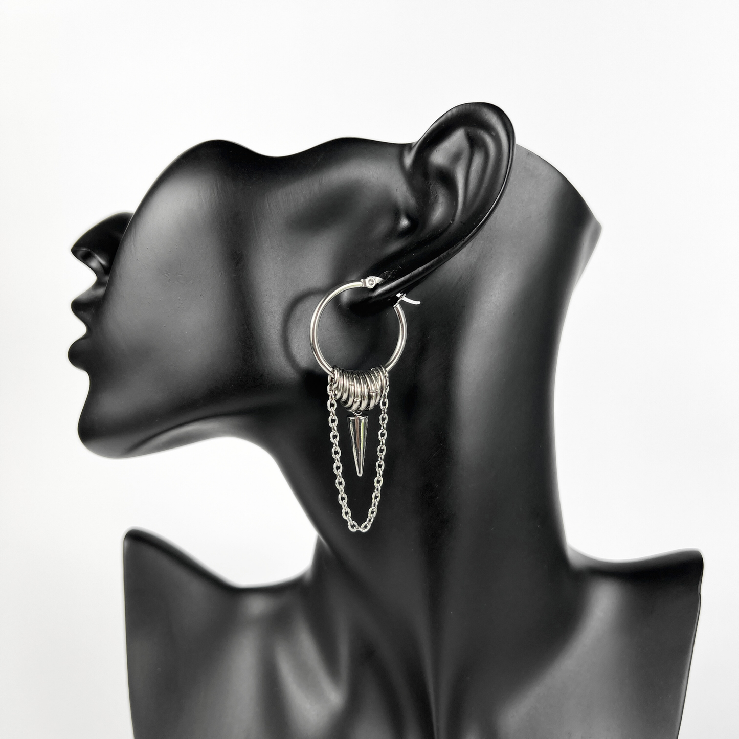 Big hoop earrings with jump rings, spike and chain, industrial style