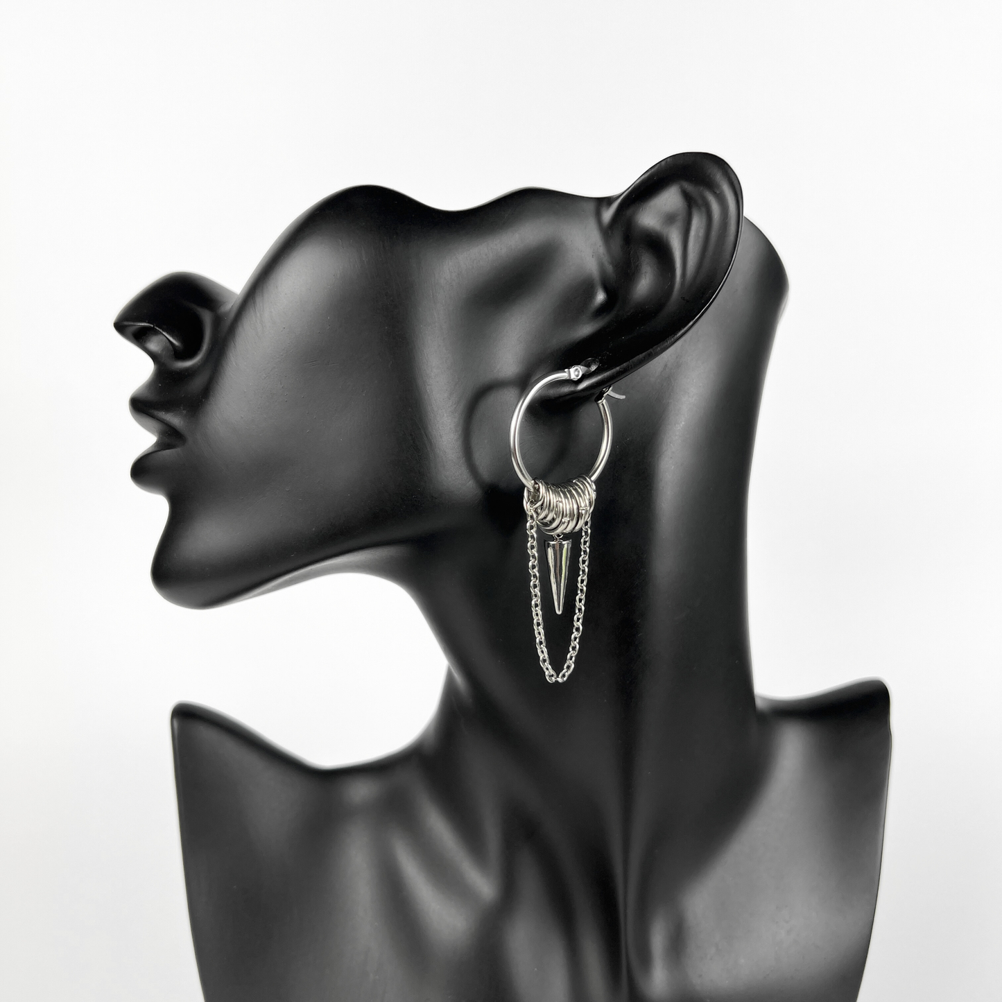 Big hoop earrings with jump rings, spike and chain, industrial style