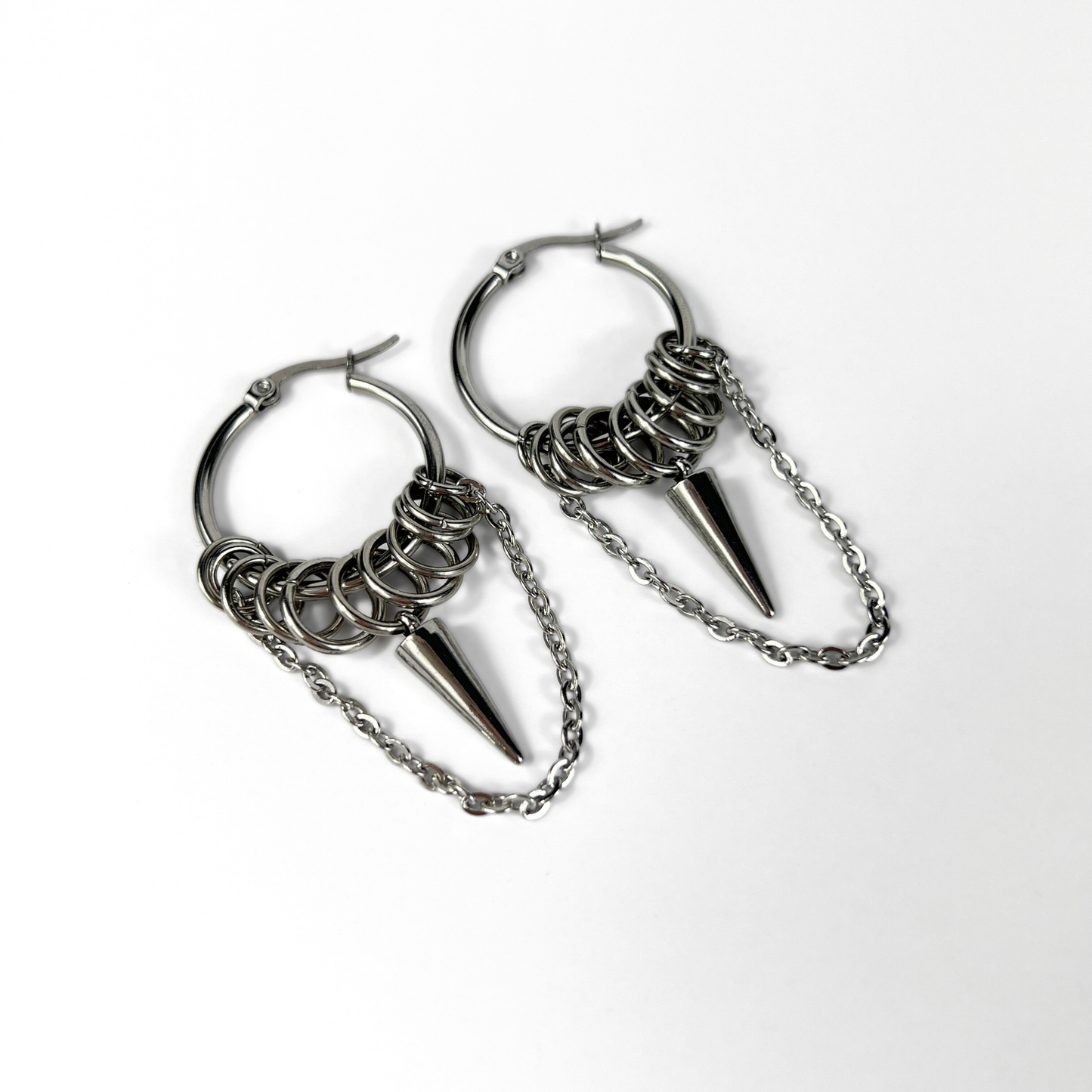 Big hoop earrings with jump rings, spike and chain, industrial style