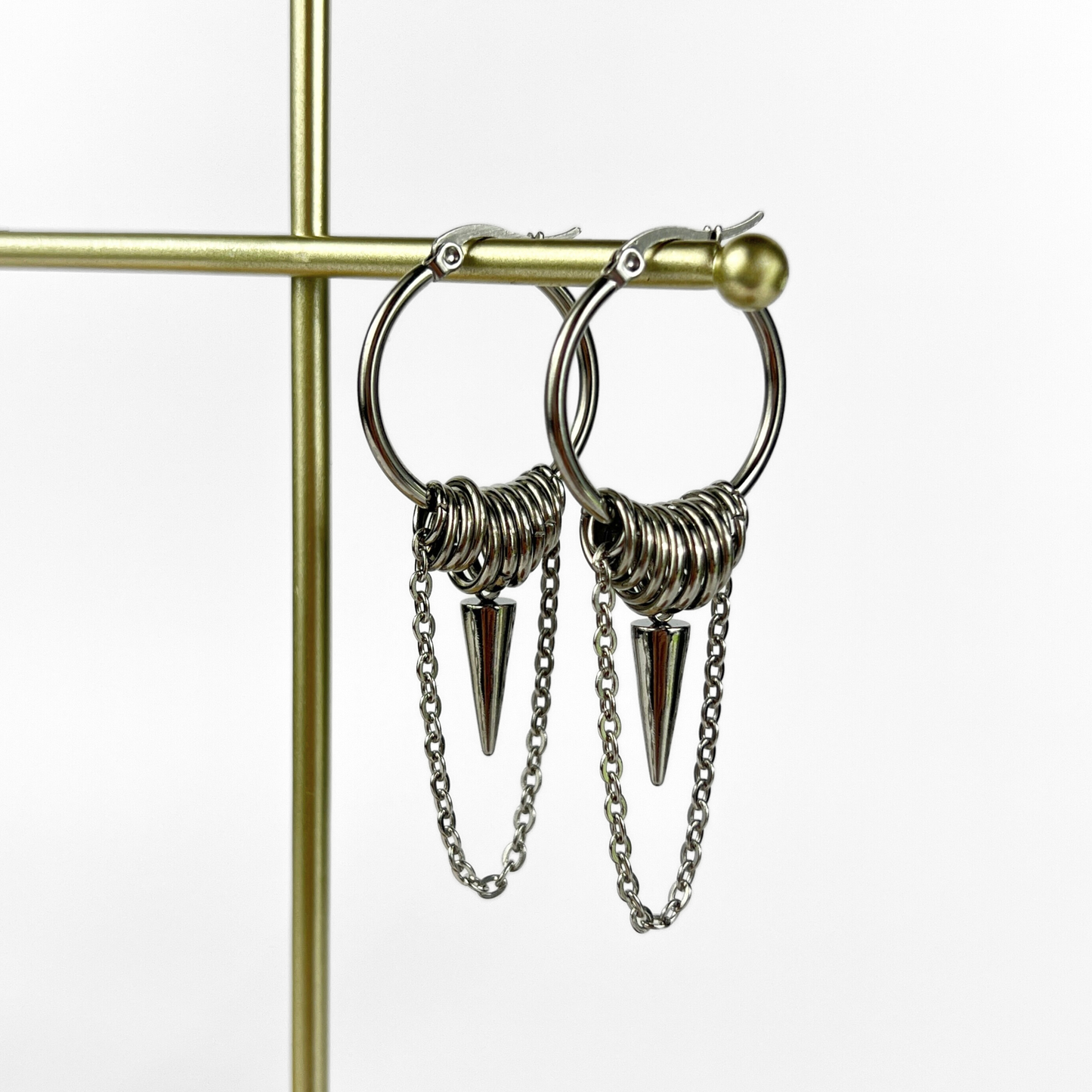 Big hoop earrings with jump rings, spike and chain, industrial style