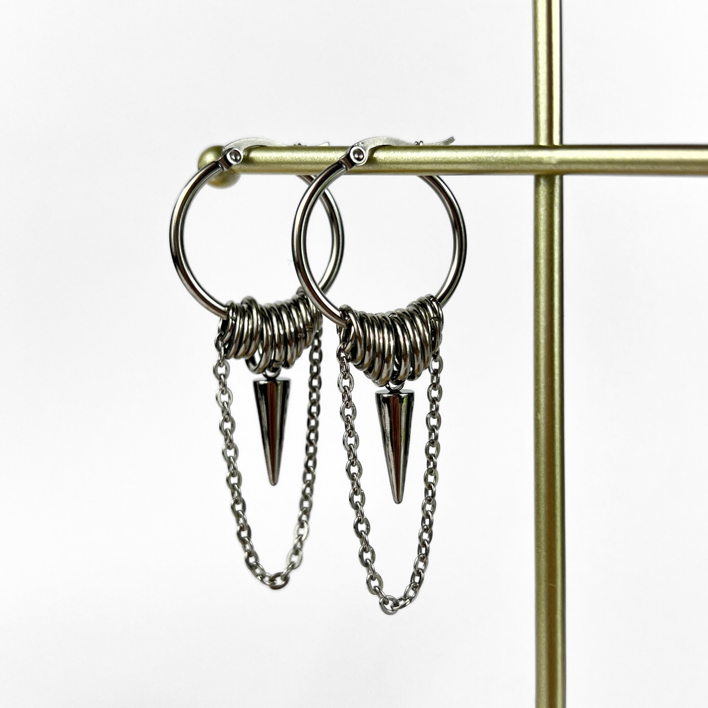 Big hoop earrings with jump rings, spike and chain, industrial style