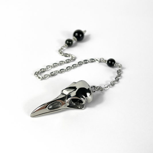 Raven skull and obsidian dowsing pendulum, stainless steel