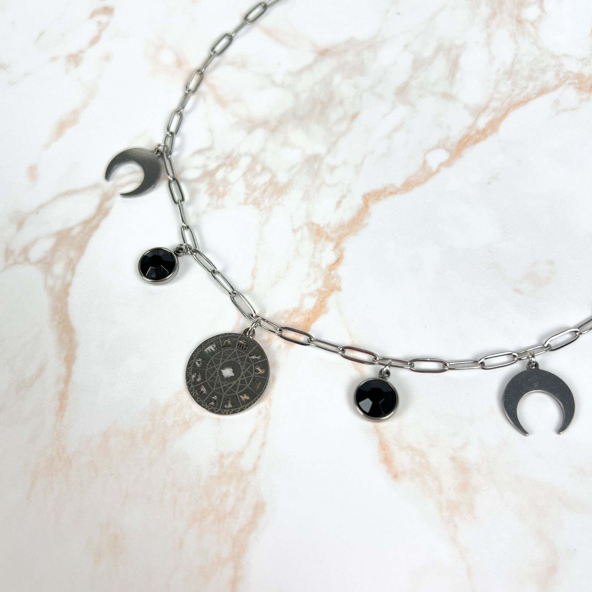 Zodiac wheel paper clip chain choker, stainless steel and black rhinestones Baguette Magick