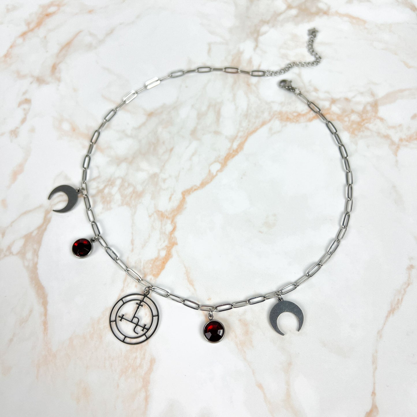 Lilith sigil paper clip chain choker, stainless steel and red rhinestones Baguette Magick