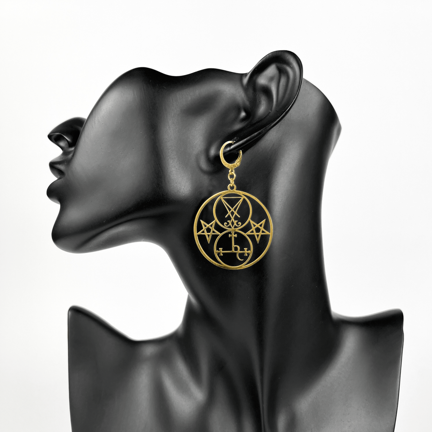 Golden Luciferian earrings, Lilith and Lucifer sigils, inverted pentacle Baguette Magick