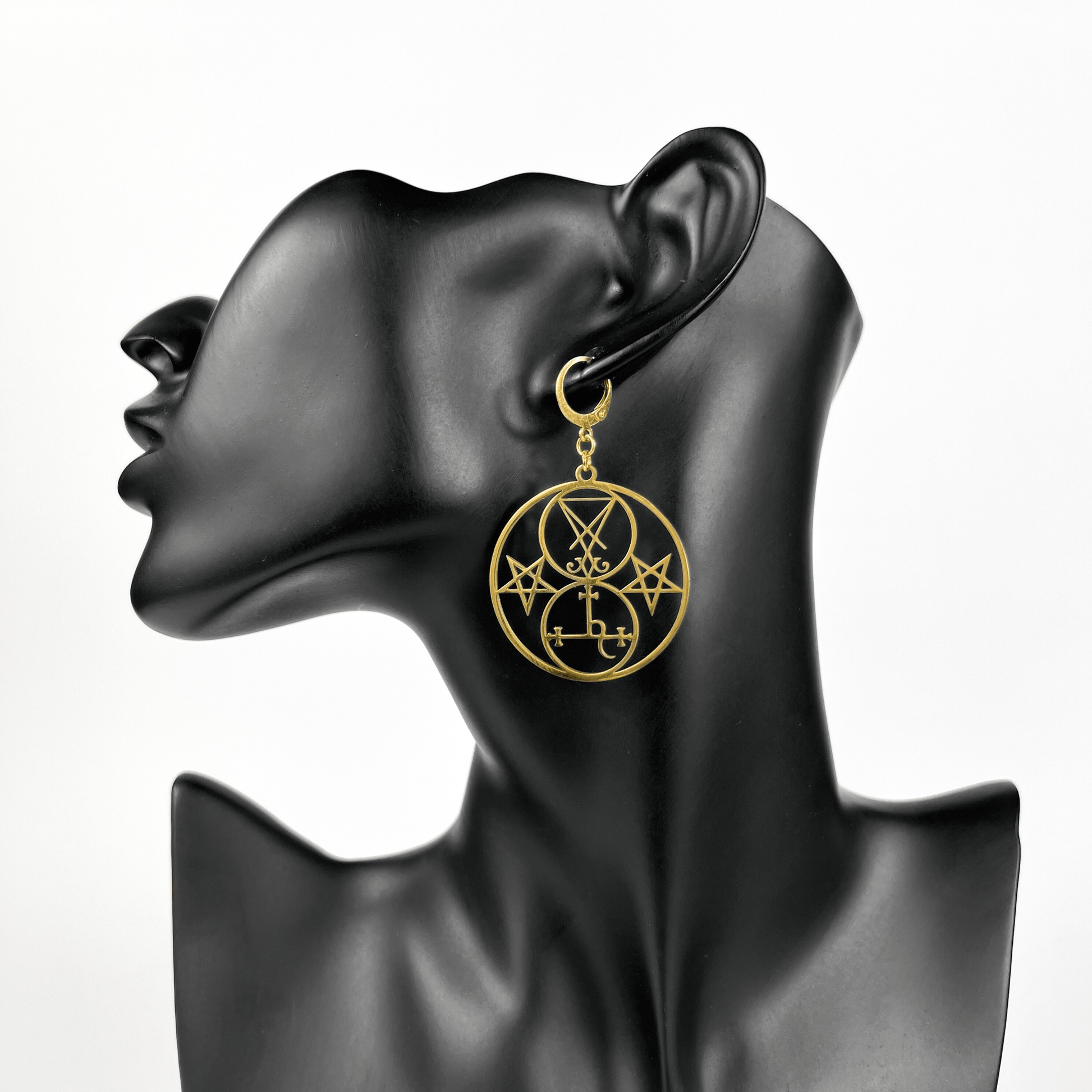 Golden Luciferian earrings, Lilith and Lucifer sigils, inverted pentacle Baguette Magick