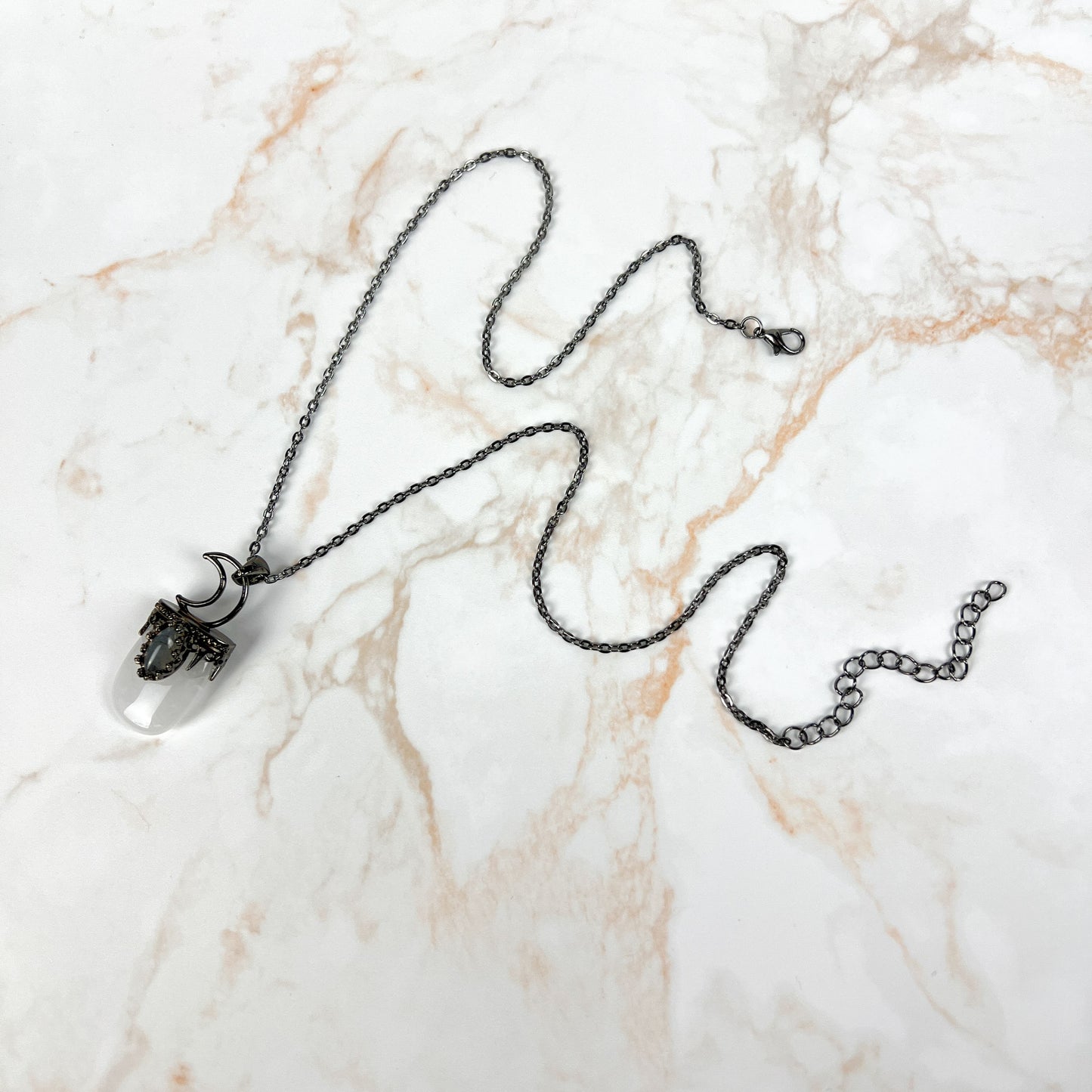 Crescent moon quartz and labradorite gunmetal-tone necklace Baguette Magick
