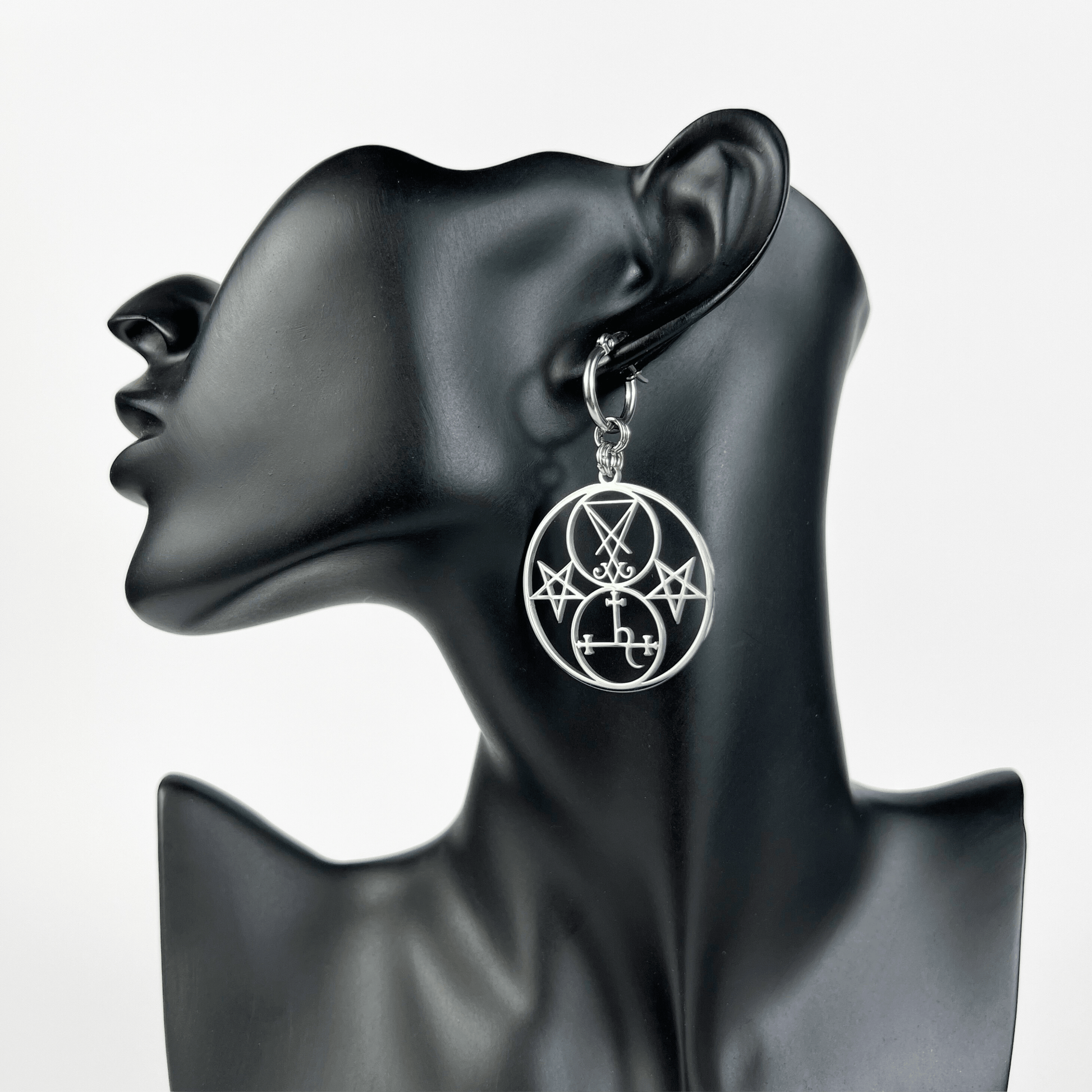 Luciferian earrings, Lilith and Lucifer sigils, inverted pentacle Baguette Magick