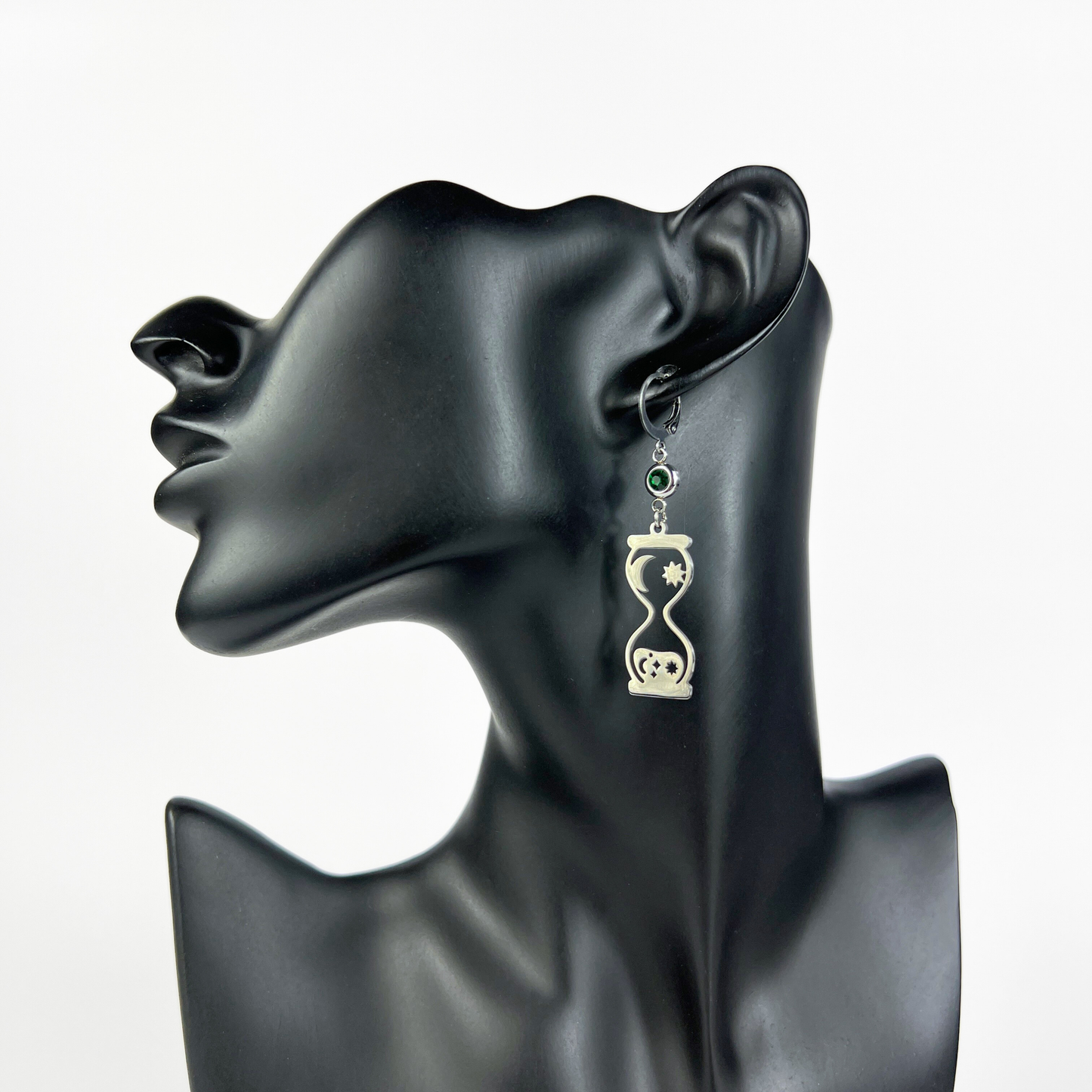 Celestial hourglass earrings with emerald green rhinestones Baguette Magick