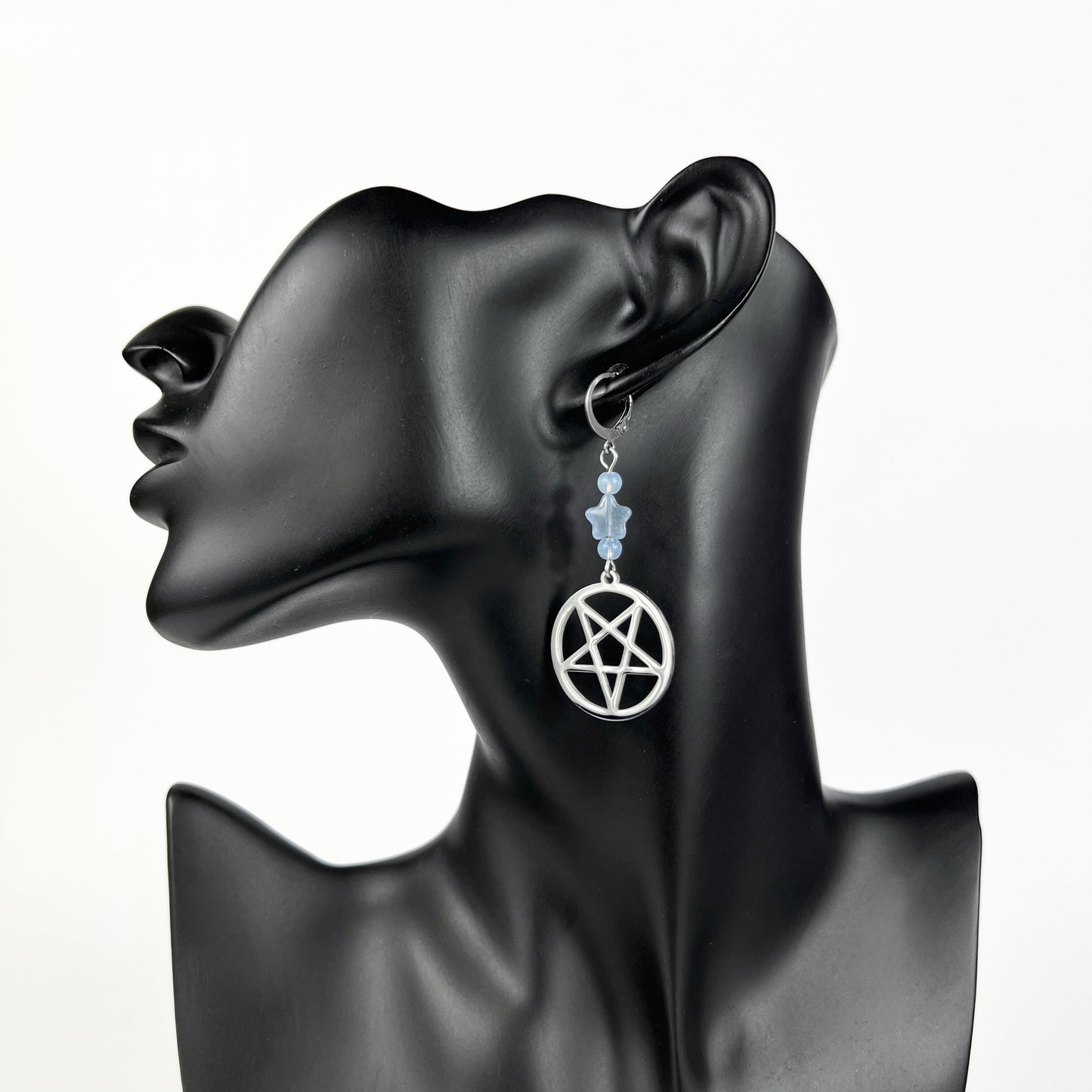 Inverted pentacle pastel goth earrings, with blue stars and opalite