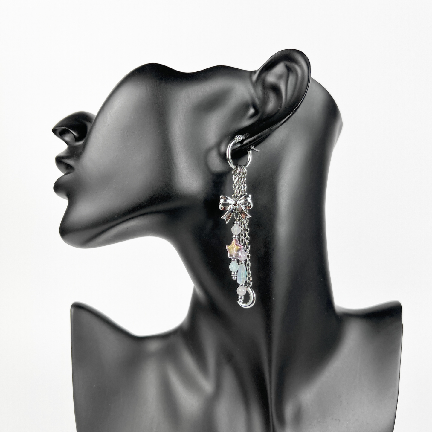 Mix & Match bow, moon and stars hoop earrings, morganite and rose quartz