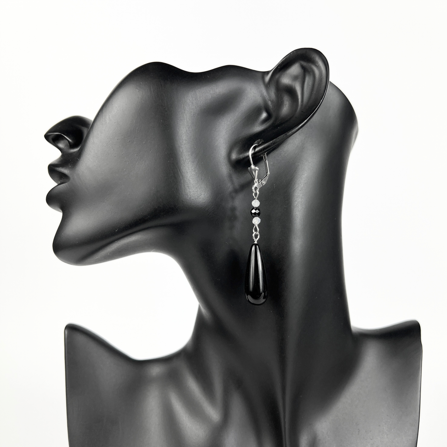 Obsidian, Moonstone and Onyx elegant dainty drop earrings