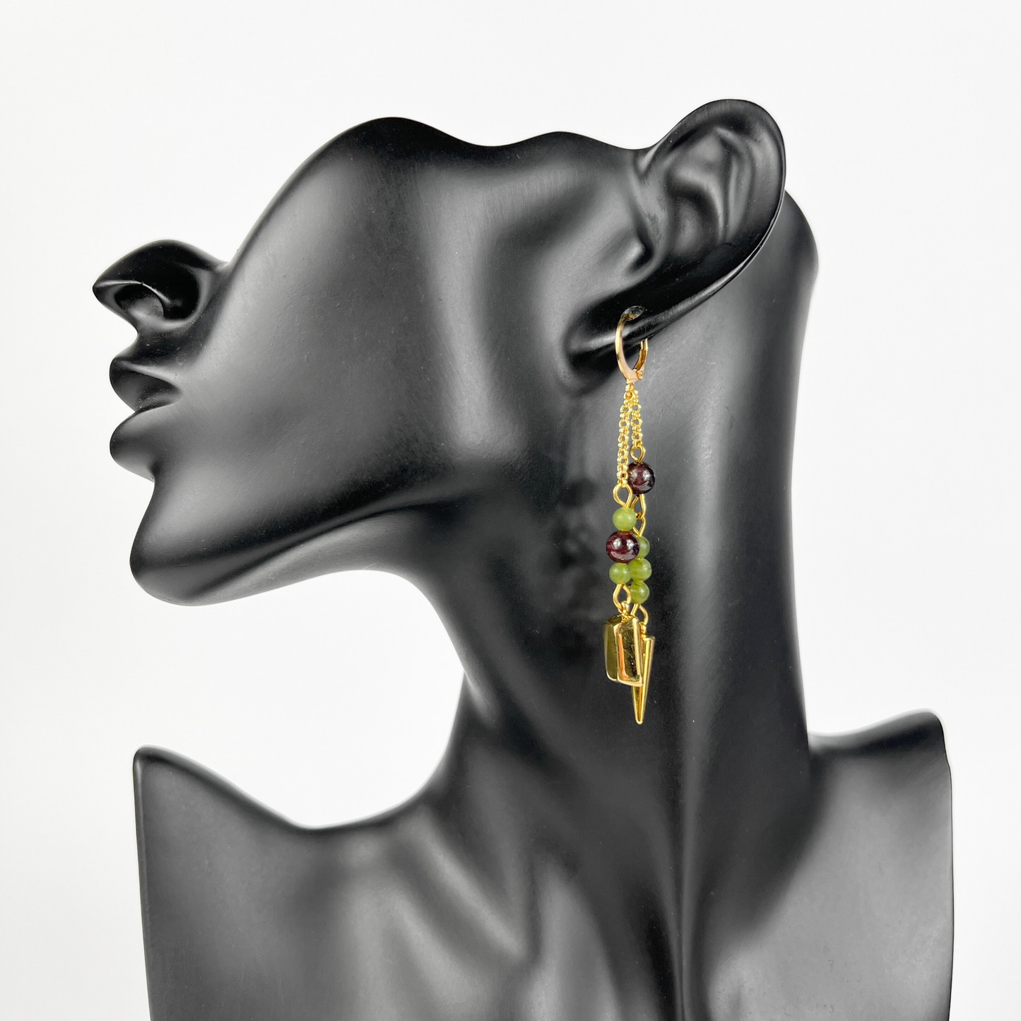 Garnet and green jade wealth talisman earrings, gold ingot and spike, to manifest abundance
