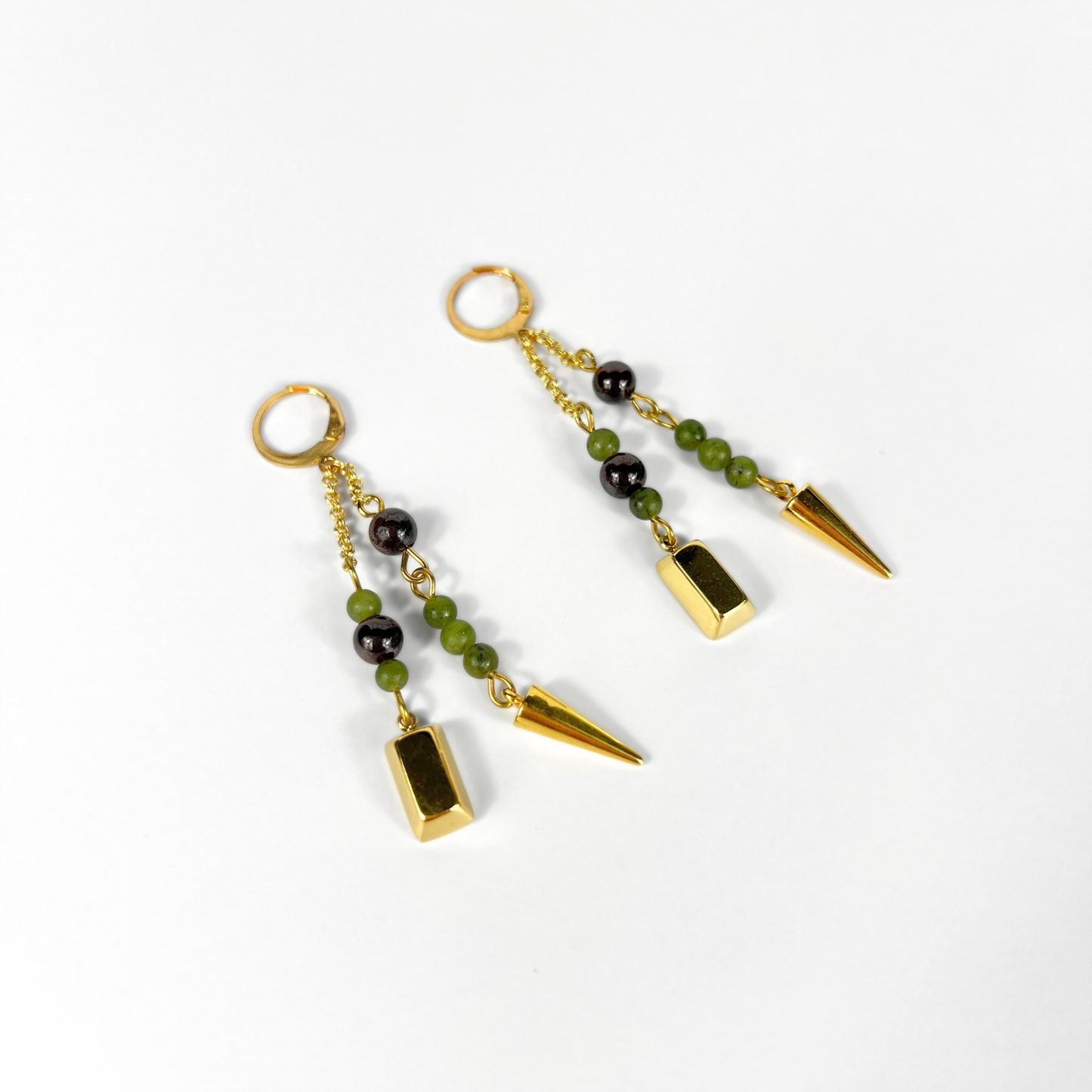 Garnet and green jade wealth talisman earrings, gold ingot and spike, to manifest abundance
