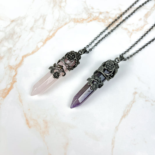 Amethyst or Rose Quartz gothic necklace with flowers gunmetal-tone Baguette Magick