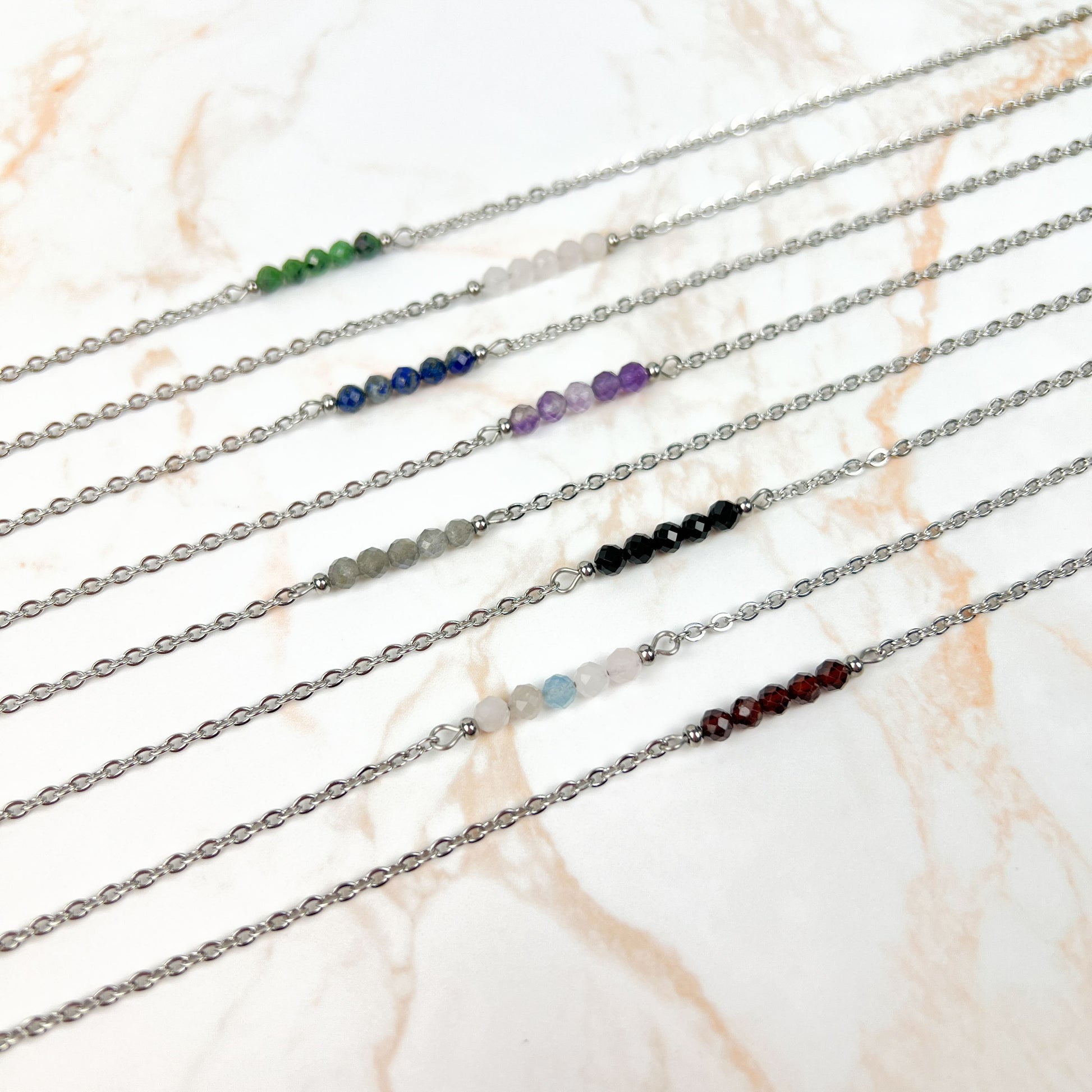 Faceted beads gemstone necklace, hypoallergenic waterproof stainless steel Baguette Magick