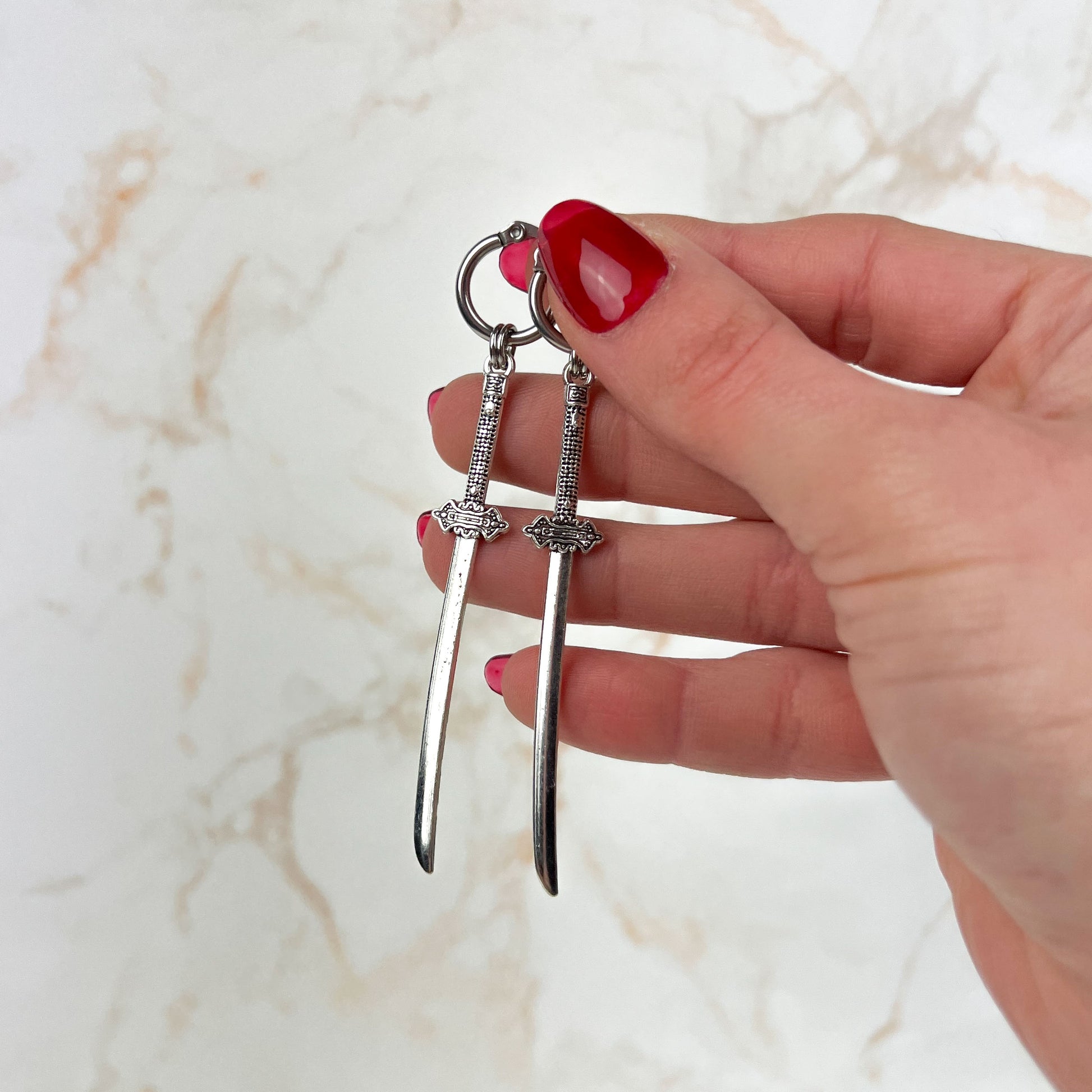 Katana sword earrings, with hypoallergenic stainless steel hoops Baguette Magick